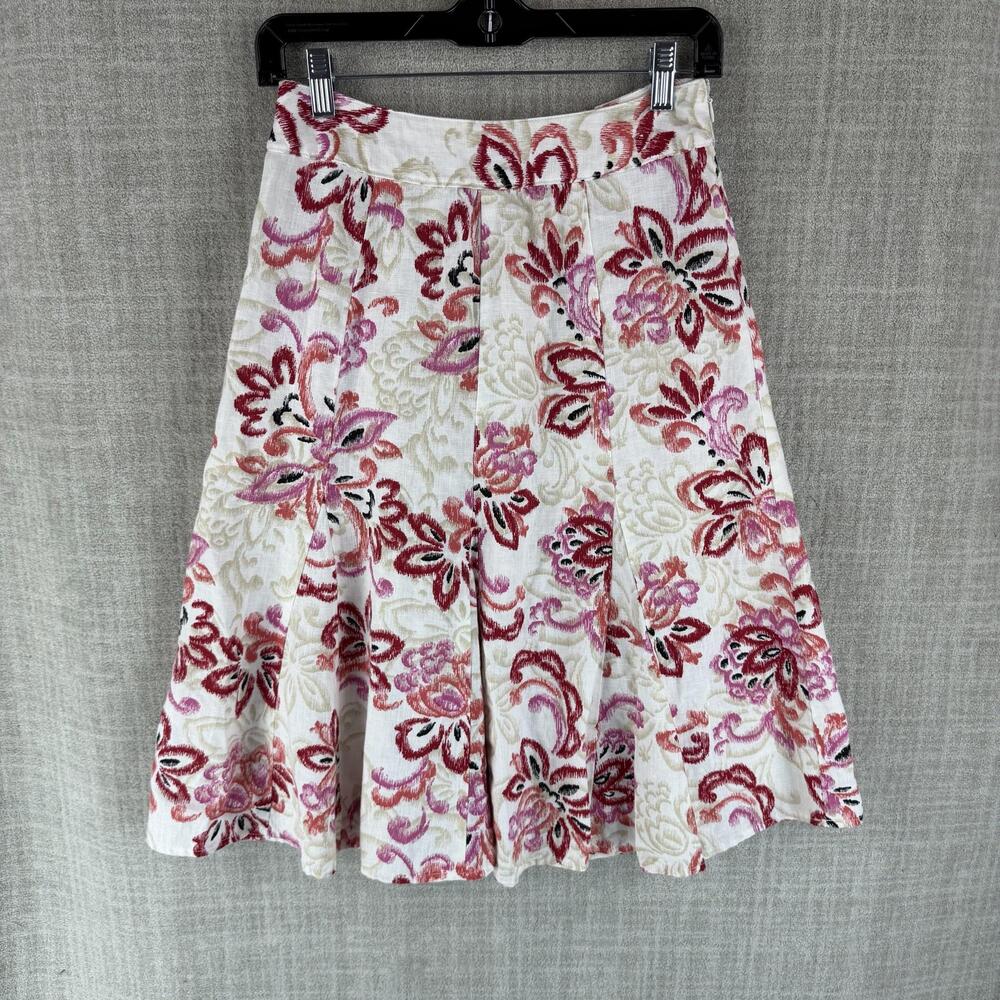 JM Collection Skirt Womens 4P White A-Line Knee Length Pleated Floral Linen